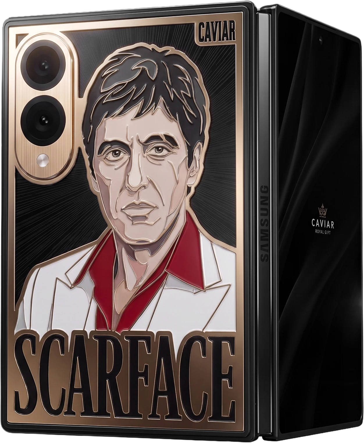 Samsung Galaxy Z Fold 8 с эмалевым портретом Тони Монтаны и надписью Scarface