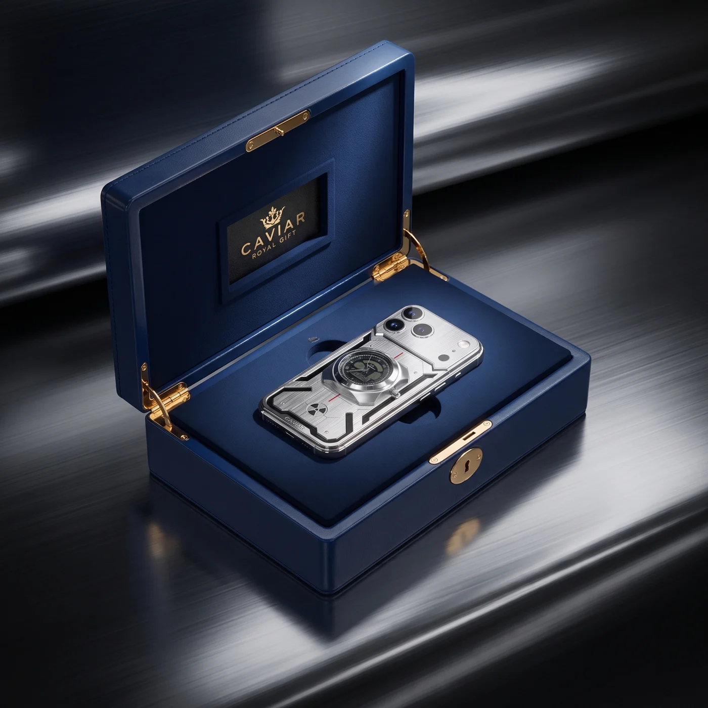 iPhone 17 Pro Max Geiger in the signature blue Caviar Royal Gift case with gold hardware