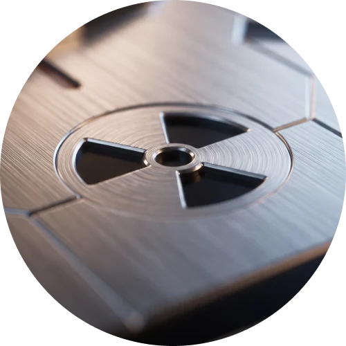 Sculpted radiation hazard symbol at the bottom of the panel