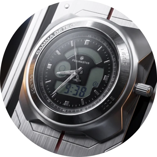 Dosimeter watch dial with digital display and Gamma Detector scale
