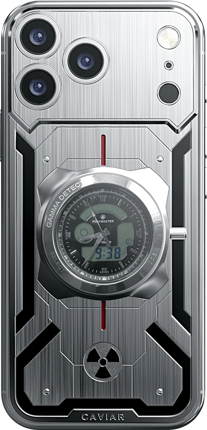 Custom iPhone 17 Pro Max Geiger: metal back panel with an integrated dosimeter watch and radiation hazard symbol