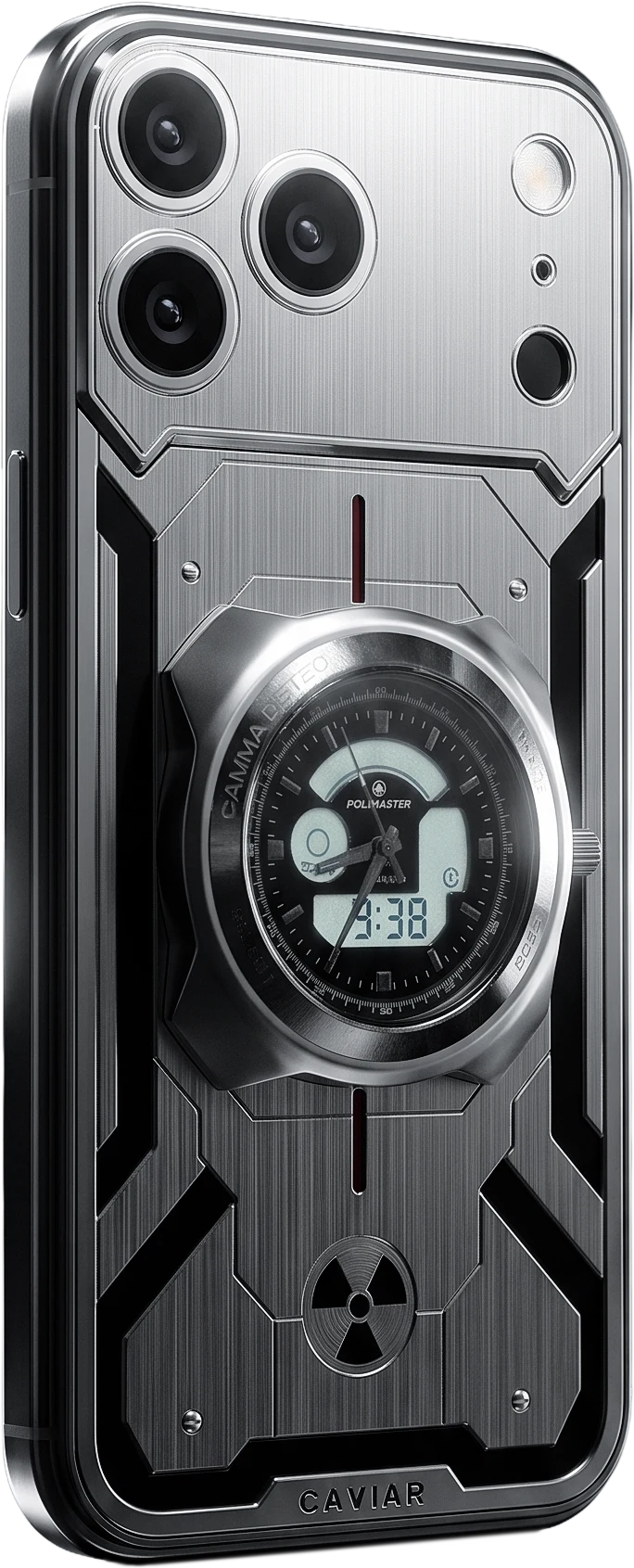 iPhone 17 Pro Max Geiger at an angle: brushed metal panels, dosimeter watch and limited series engraving on the edge