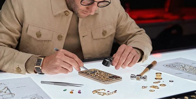 Caviar atelier artisan at work, setting precious stones into a smartphone body